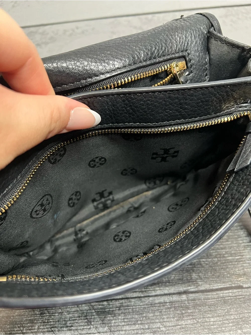 Tory Burch Black Pebbled Leather Crossbody Bag with Gold Hardware